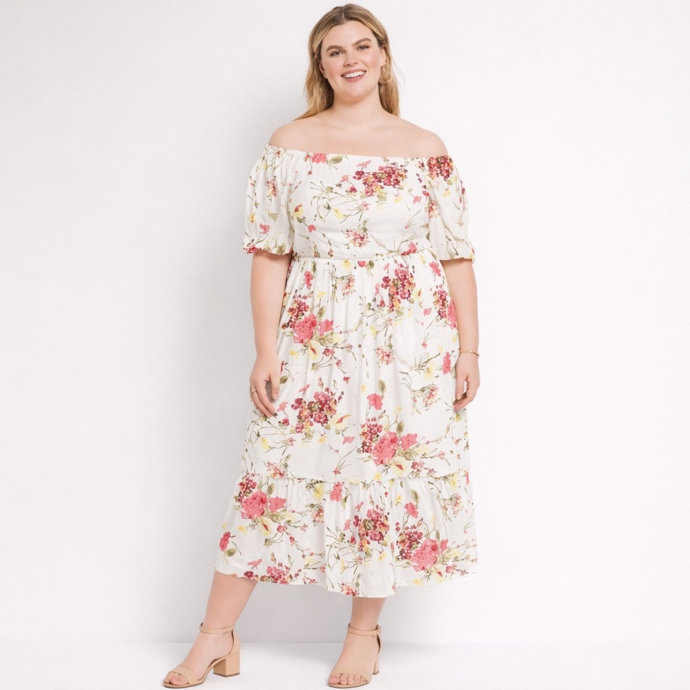 Lane Bryant Floral Off The Puff Shoulder Dress 22 Long Midi Plus Size